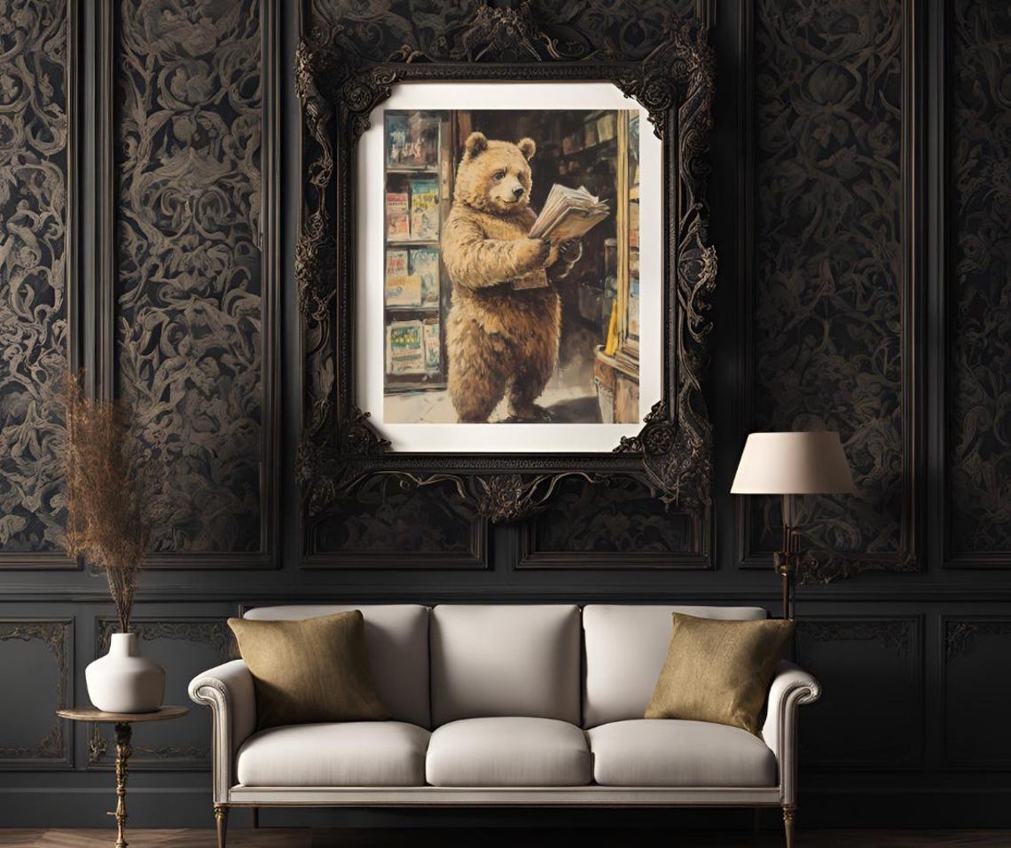 Charming Brown Bear Reading Newspaper in Bookshop Vintage Poster - Image 3