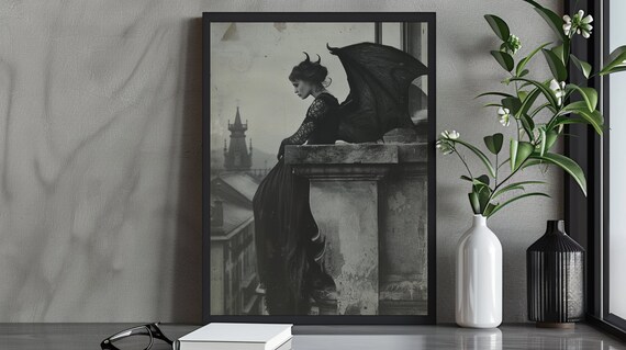 Mysterious Sepia Winged Woman In Black On Stone Balcony Looking Down Poster