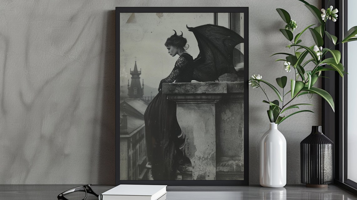Mysterious Gothic Dark Angel Art Print Winged Woman In Black Atmospheric Fantasy Wall Art Moody Gothic Decor