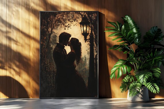 Romantic Gothic Kiss Moody Lovers Silhouette Lamppost Artwork Poster