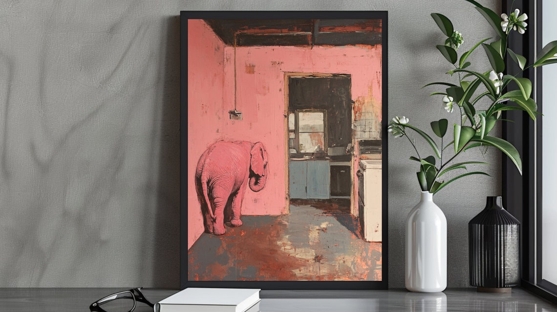 Pink Elephant from Behind in Minimalist Pink Room Surreal Poster