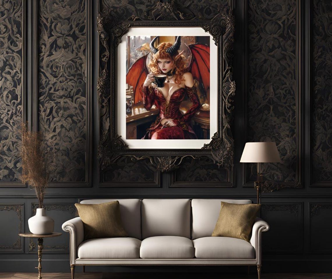 Fantasy Demon Woman Art Red Horned Beauty With Coffee Gothic Wall Decor Gift For Fantasy Lovers - Image 3