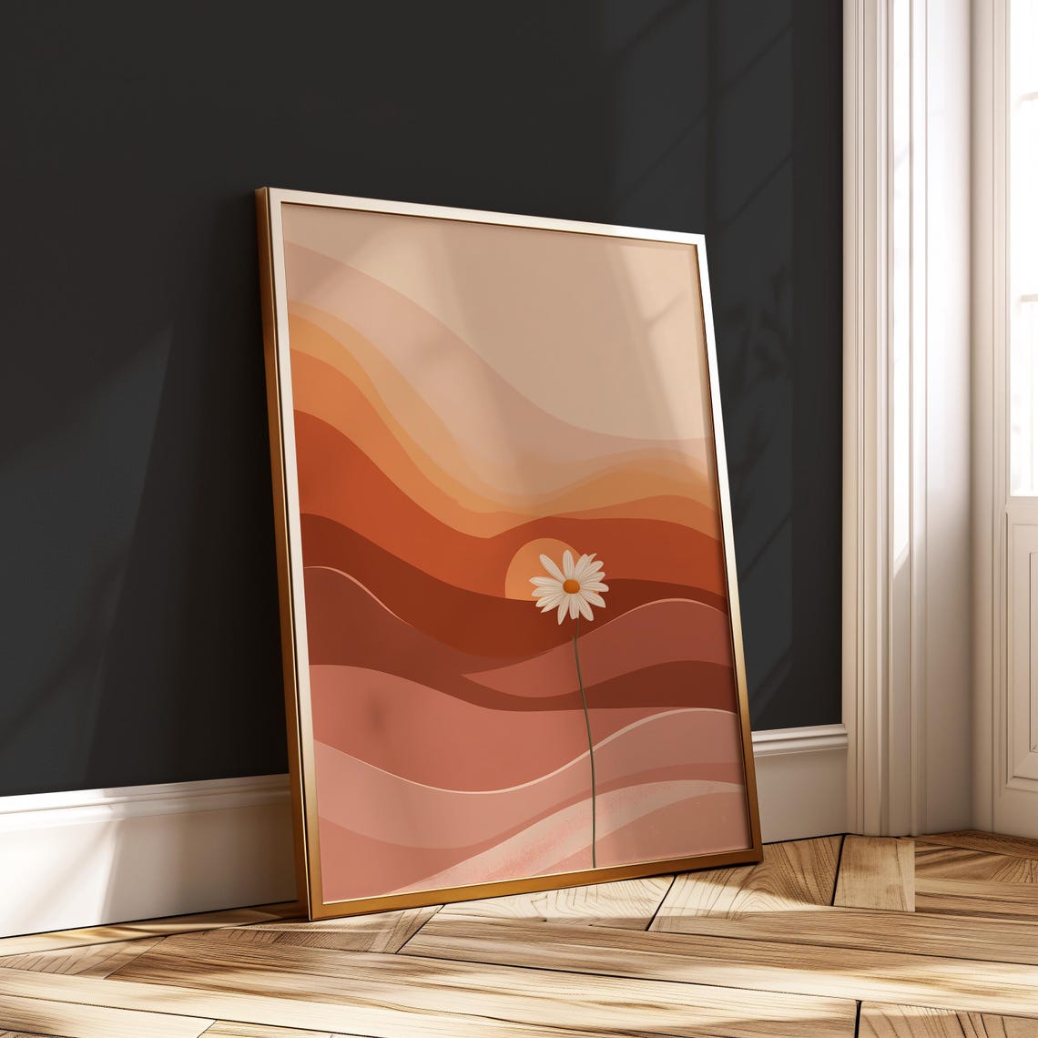 Retro Daisy Sunset Poster Boho Floral Wall Art Minimal Abstract Print Terracotta