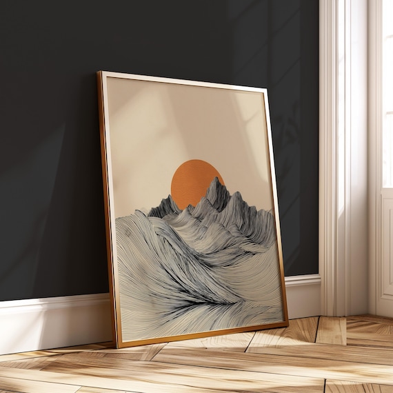 Japandi Flowing Mountain Linework Orange Sun Minimalist Zen Wall Art
