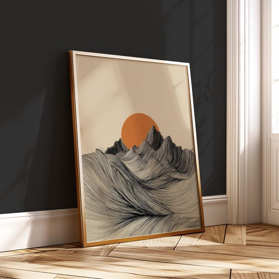 Japandi Flowing Mountain Print Minimalist Sun Line Art Wall