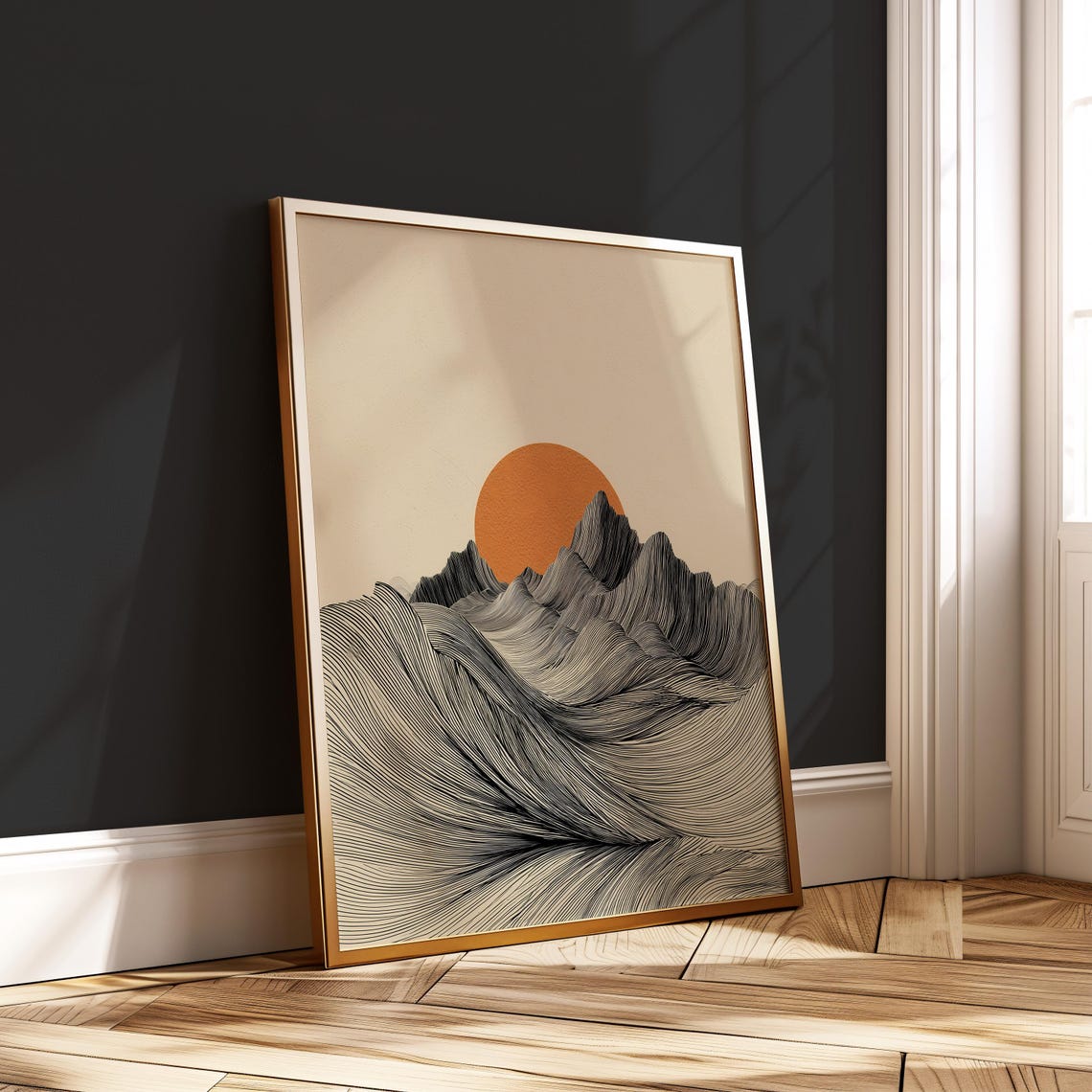 Japandi Flowing Mountain Linework Orange Sun Minimalist Zen Wall Art