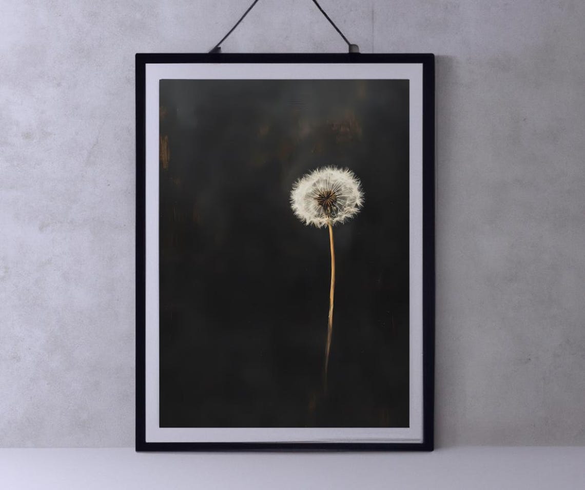Single Dandelion Seed Head on a Dark Moody Black Background Poster