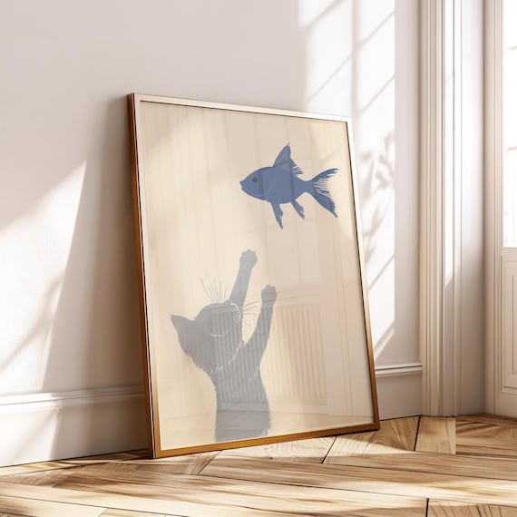Grey Tabby Cat Navy Blue Fish Wall Art Minimalist Poster Instant