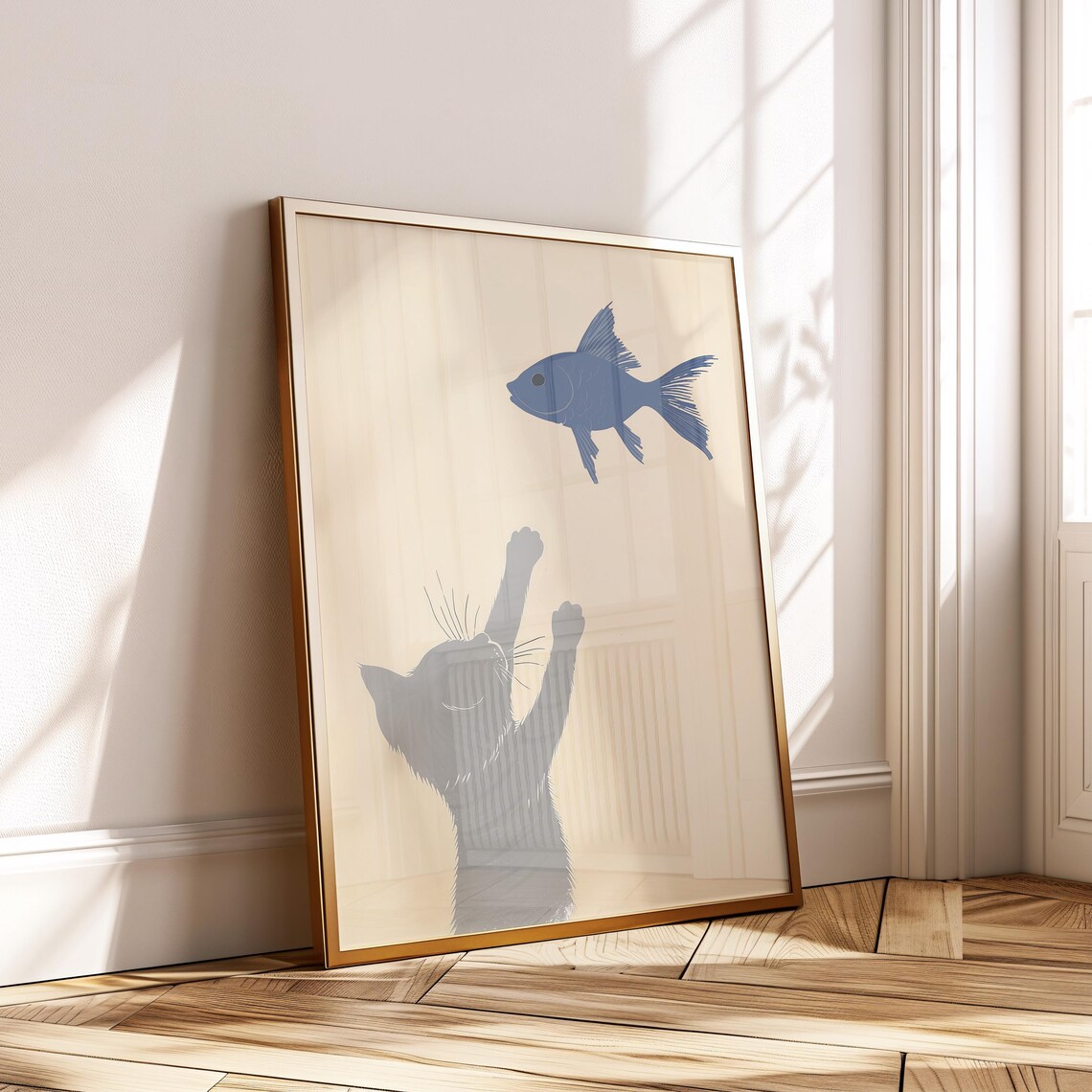 Grey Tabby Cat Navy Blue Fish Wall Art Minimalist Poster Instant