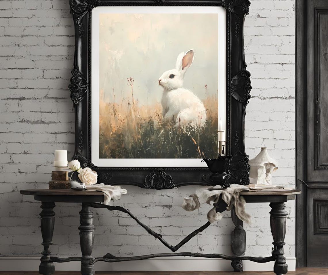 White Rabbit Sitting In A Golden Meadow Under Soft Light Poster - Image 4