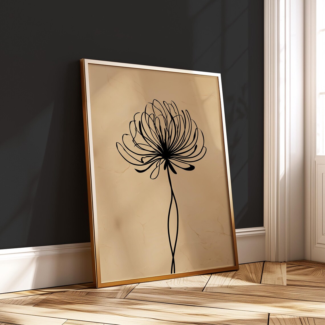 Minimalist Line Flower Art Japandi Botanical Wall Print Modern Beige