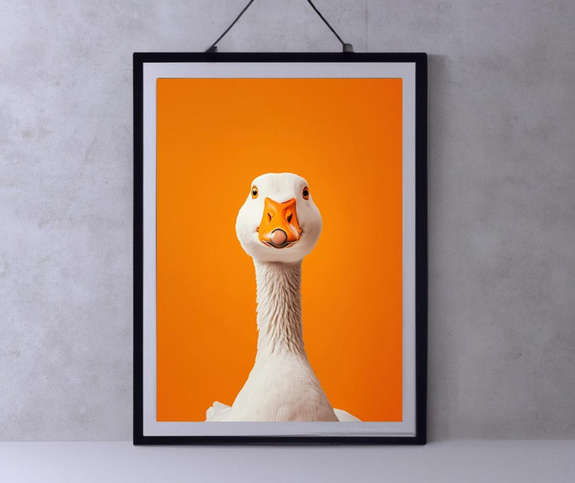 Playful White Goose Portrait Bold Orange Background Modern Art Poster
