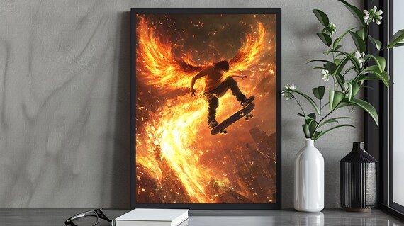 Fiery Skateboarder With Phoenix Wings Mid Trick Over City Flames Poster