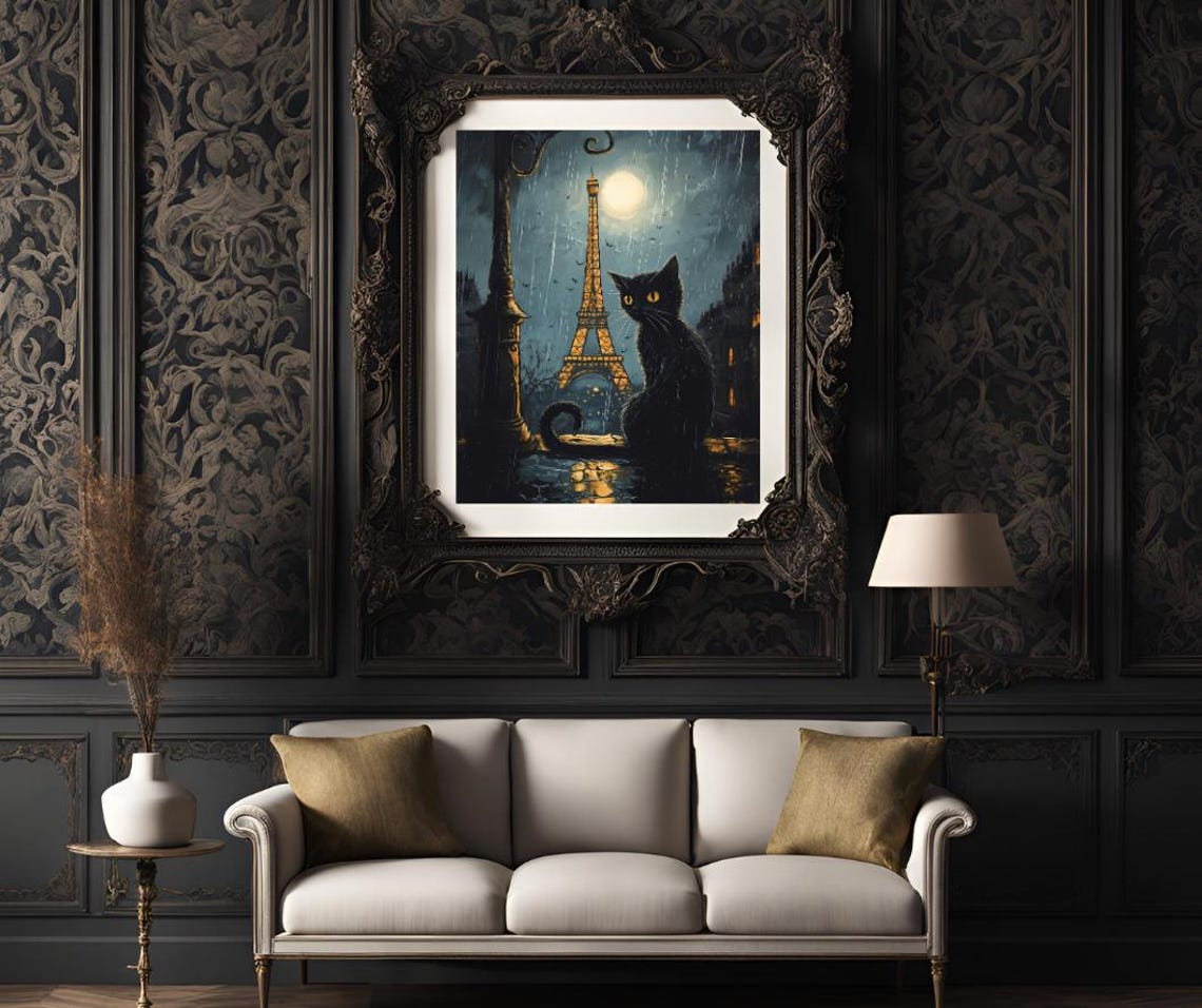 Black Cat Eiffel Tower Rainy Paris Night Noir Romantic Art Poster - Image 3
