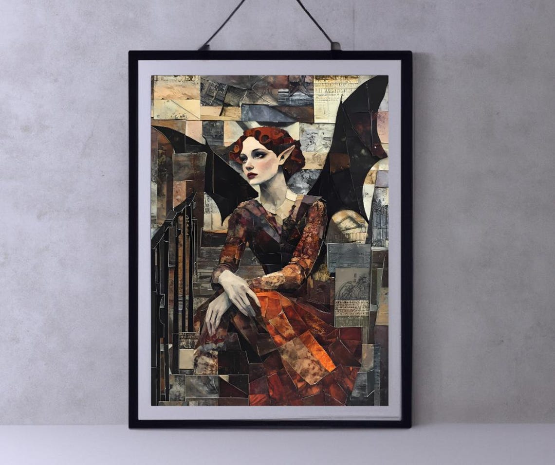 Gothic Collage Art Redhaired Elven Woman With Wings Mixed Media Wall Decor Gift For Fantasy Lovers
