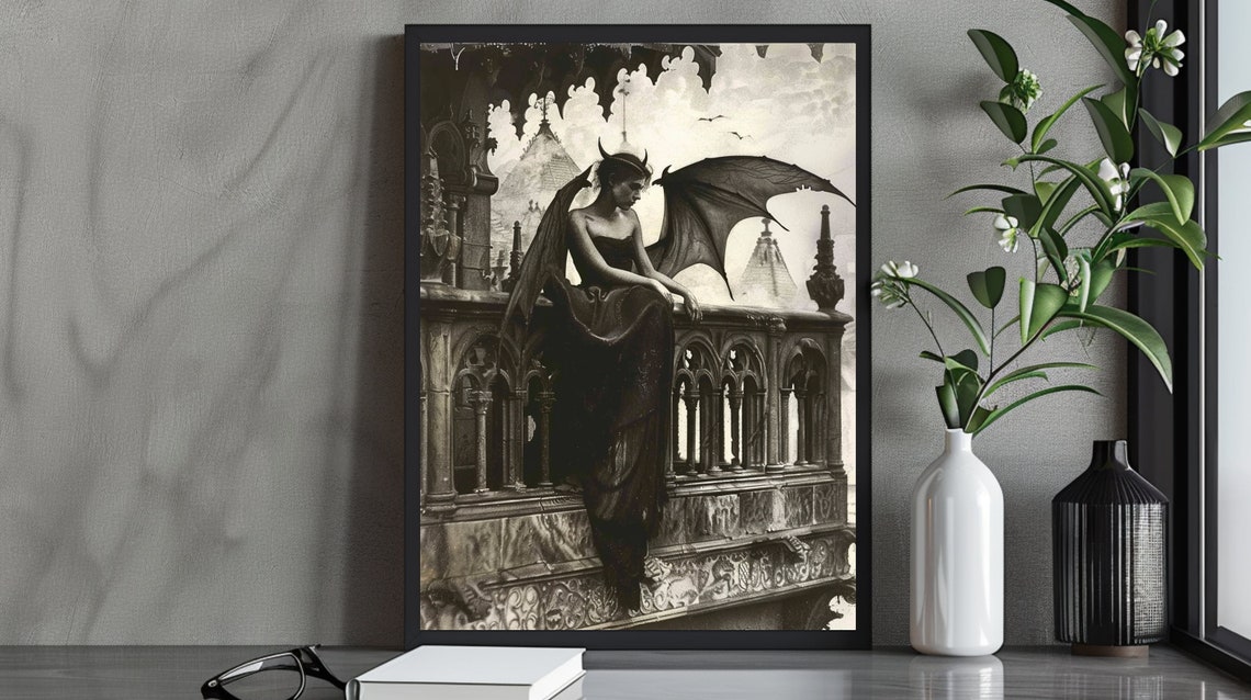 Bat Woman Gothic Victorian Vampire Illustration Print Moody Wall Art Vintage Witchcraft Goddess Dark Decor