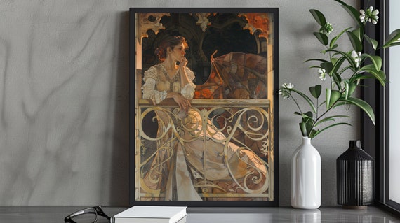 Elegant Gothic Steampunk Woman Art Print Winged Lady On Balcony Victorian Fantasy Wall Art Mysterious Enigmatic Decor