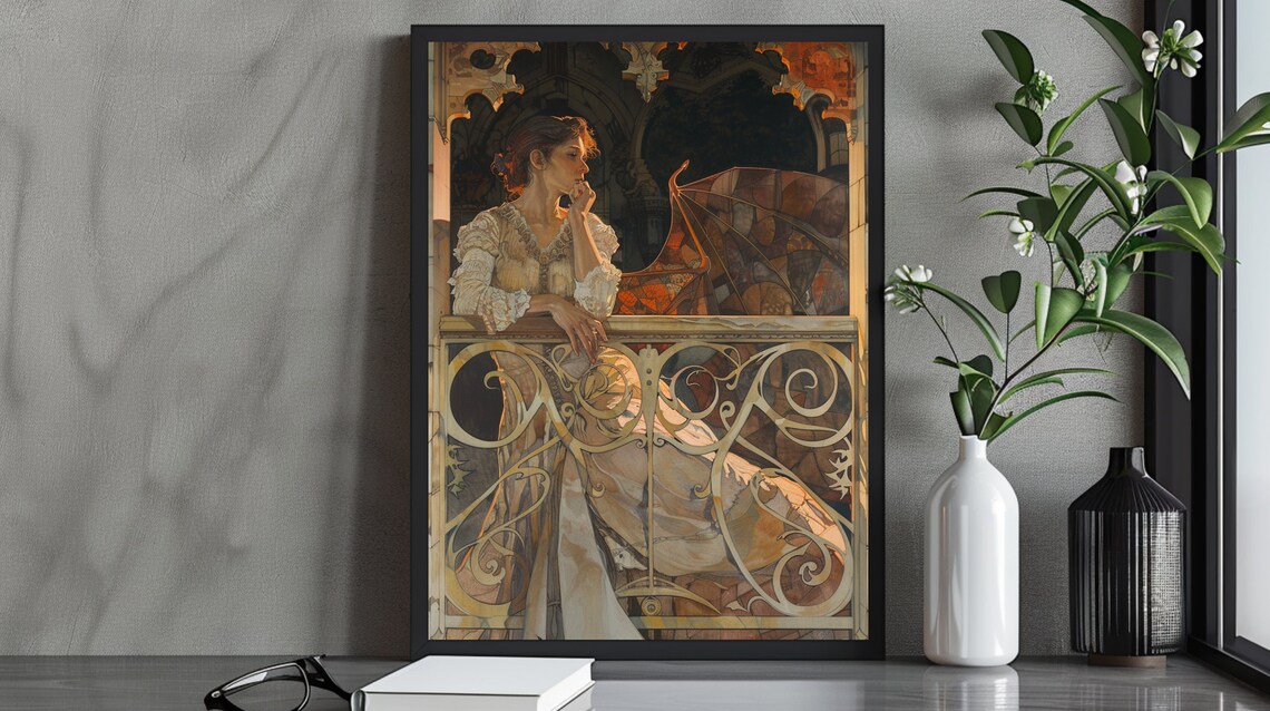 Elegant Art Nouveau Winged Lady On Golden Ornate Balcony Steampunk Poster