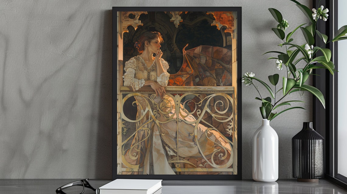 Elegant Gothic Steampunk Woman Art Print Winged Lady On Balcony Victorian Fantasy Wall Art Mysterious Enigmatic Decor