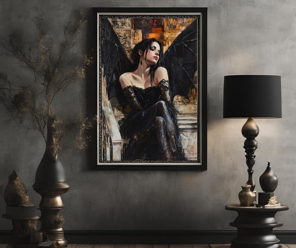 Dark Angel Woman With Black Bat Wings Gothic Romance Art Poster - Image 2
