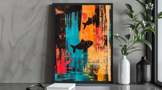 Vibrant Abstract Fish Art Print Mixed Media Wall Decor Colorful Ocean Inspired Art Modern Artwork Gift For Nature Lovers