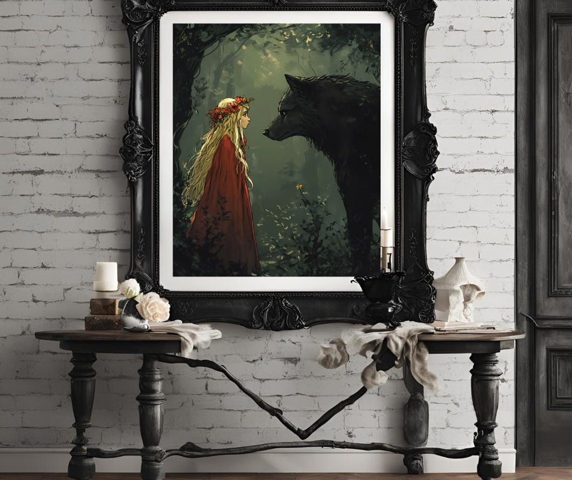 Little Red Riding Hood Facing Black Wolf Forest Anime Style Poster - Image 4