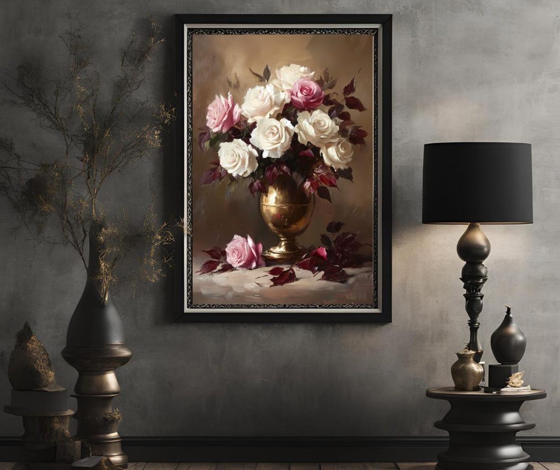 Moody Flower Painting Wall Art Vintage Floral Wall Art Antique Art Print Farmhouse Wall Art Moody Botanical Oil Painting - Image 2
