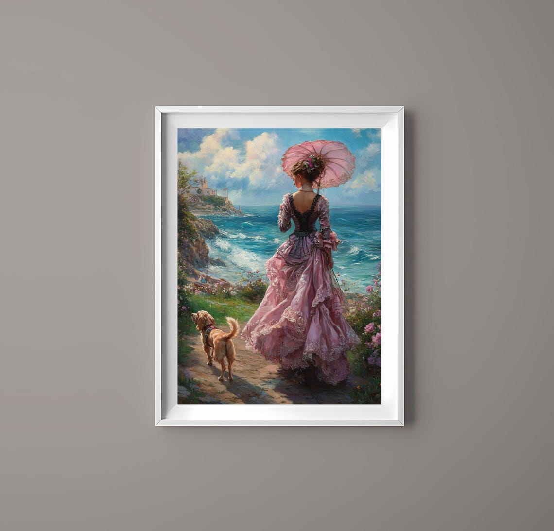 Victorian Lady Pink Dress Walking Dog By Sea Elegant Coastal Poster - Image 3