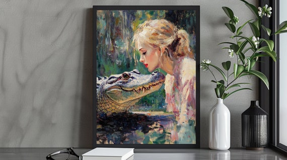Fantasy Girl And Alligator Illustration Whimsical Art Print Surreal Wall Decor Instant Childrens Room Artwork
