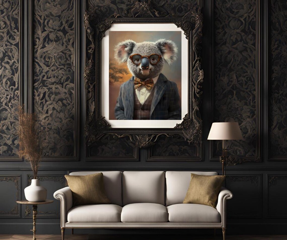 Dapper Koala in a Suit Bow Tie and Glasses Painted Portrait Poster - Image 3