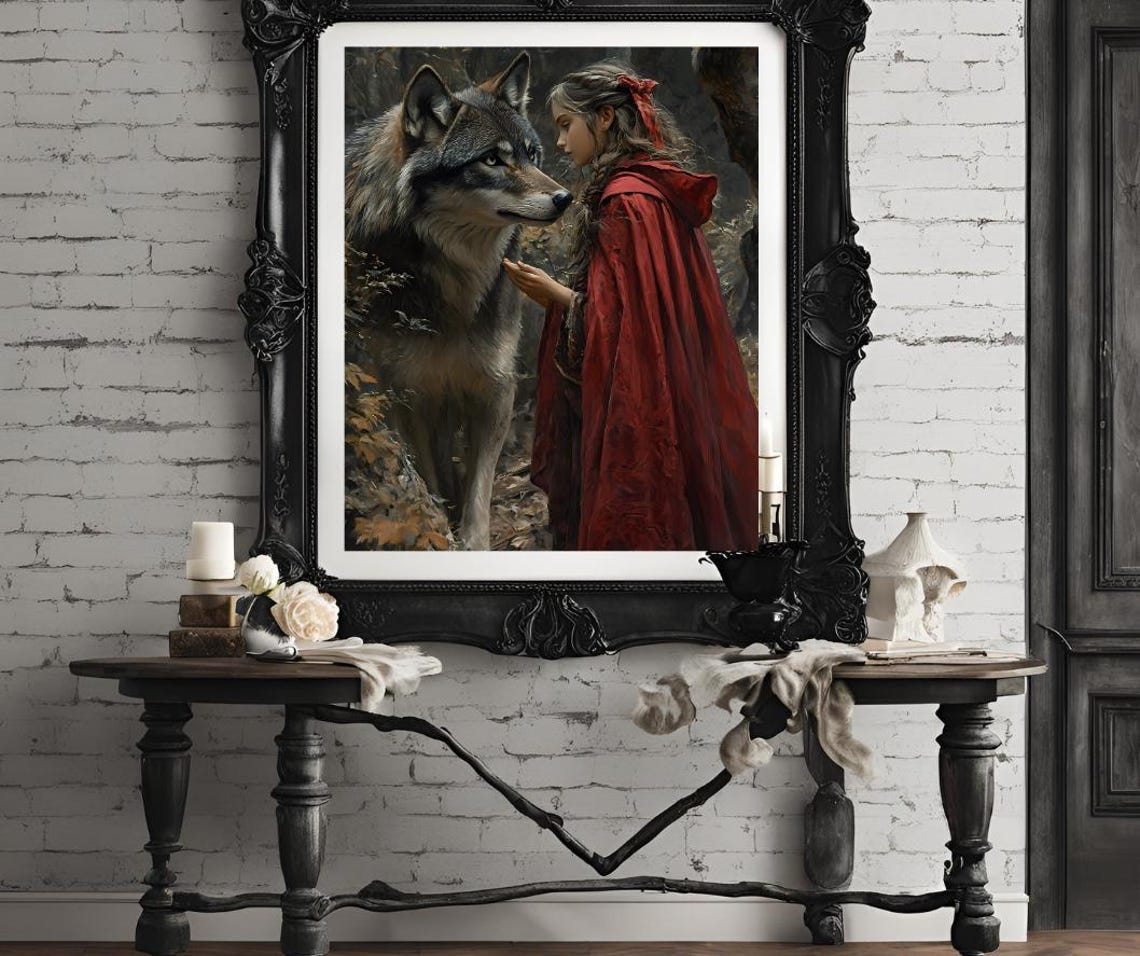 Little Red Riding Hood Gently Touching Wolf Realistic Painting Poster - Image 4