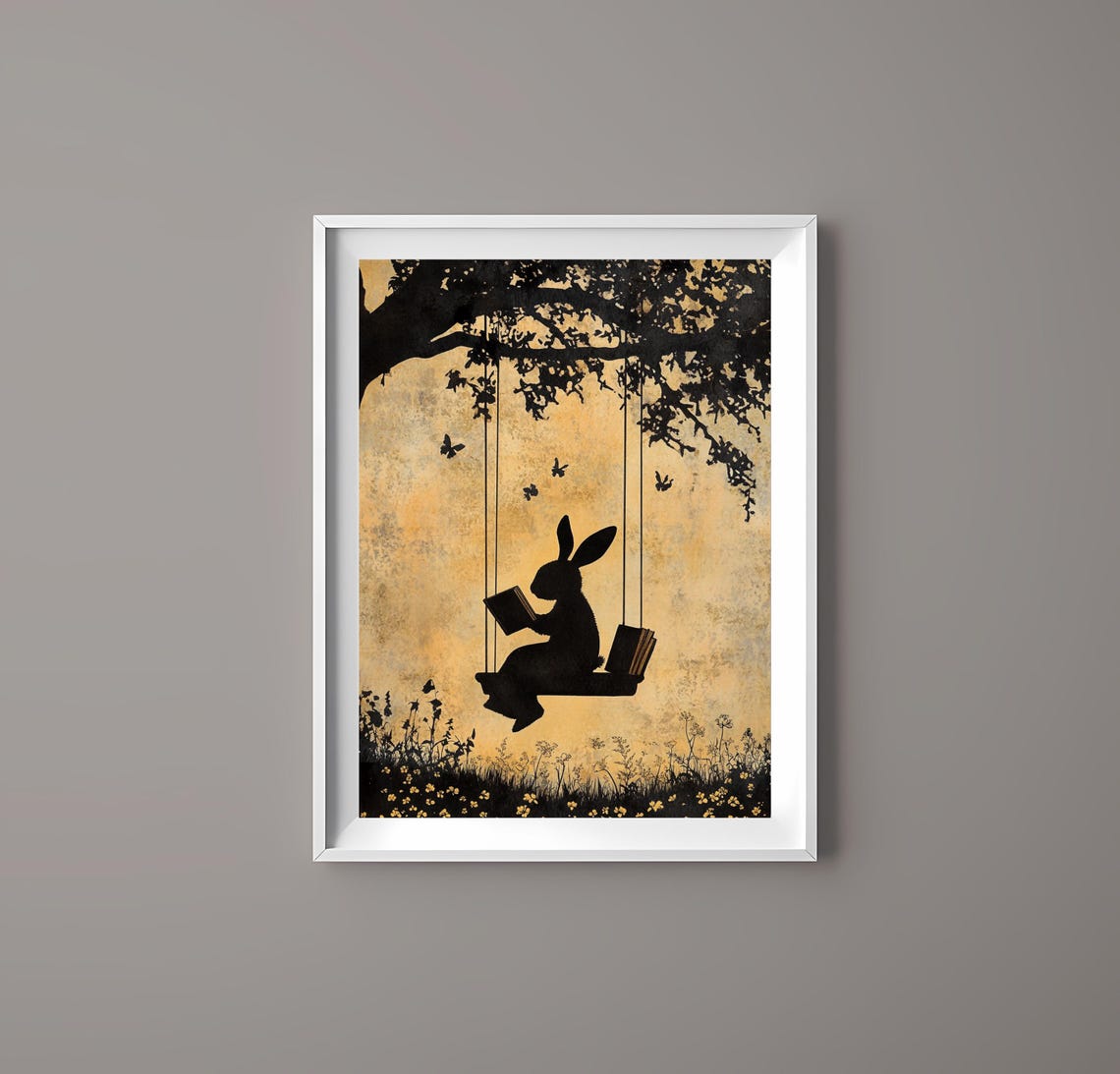 Bunny Silhouette Reading On Swing Golden Vintage Whimsical Poster - Image 3