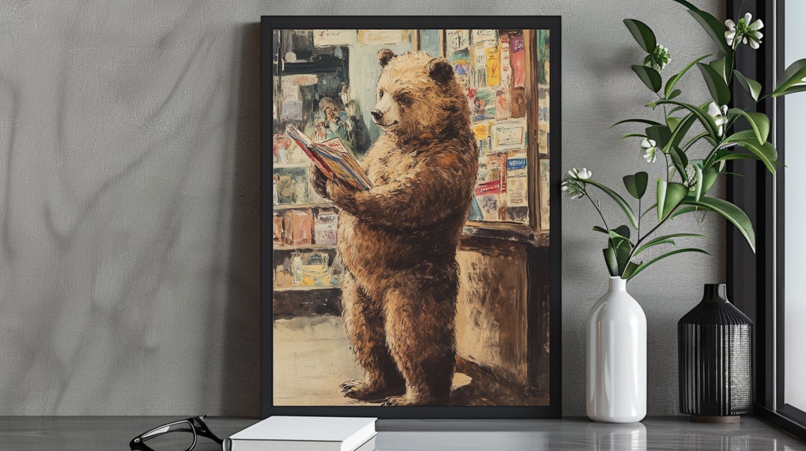 Whimsical Bear Reading Bookstore Vintage Book Lover Gift Art Poster