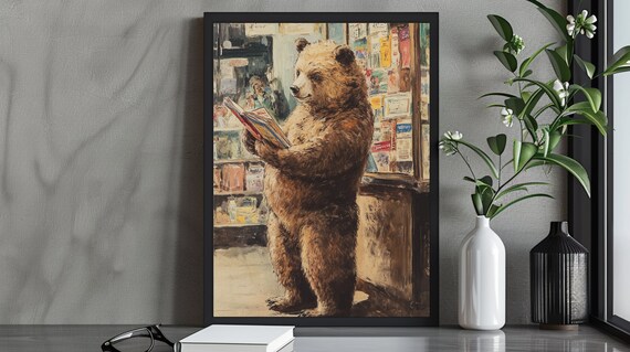 Whimsical Bear Reading Bookstore Vintage Book Lover Gift Art Poster