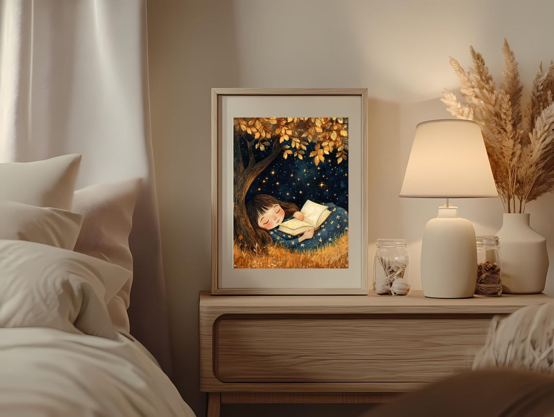 Little Girl Reading Under Starry Night Tree Dreamy Book Lover Poster - Image 3
