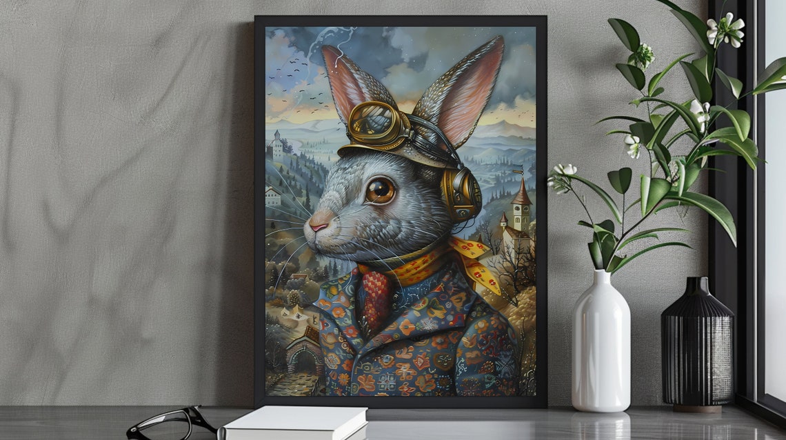 Steampunk Rabbit Aviator Goggles Portrait Whimsical Animal Poster