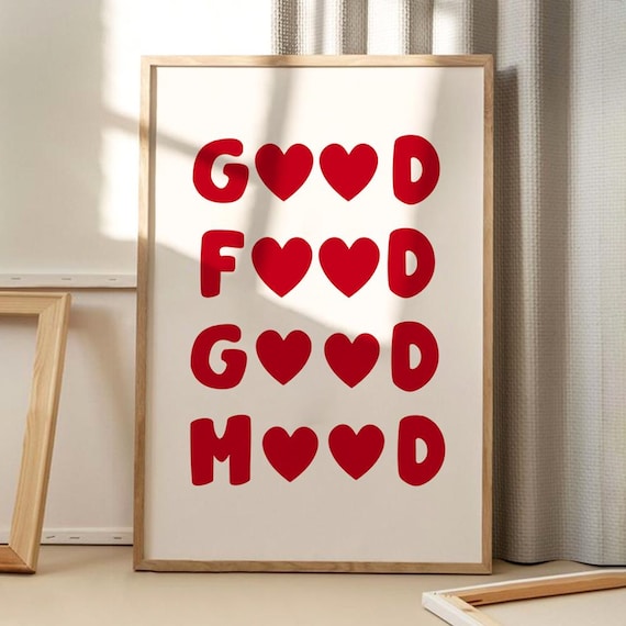Good Food Good Mood Red Hearts Playful Kitchen Typography Wall Poster