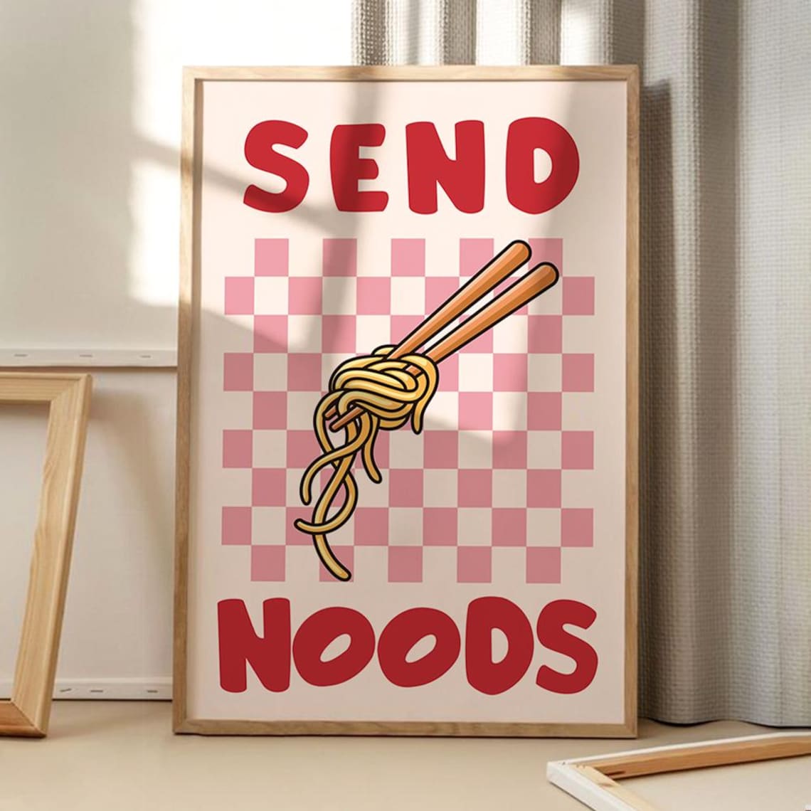 Send Noods Red Funny Noodle Poster Retro Kitchen Wall Decor Pink Check