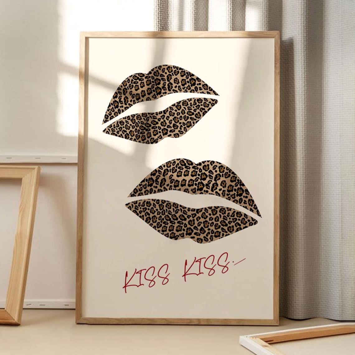Leopard Spot Lips Kiss Kiss Red Script Trendy Fashion Wall Poster