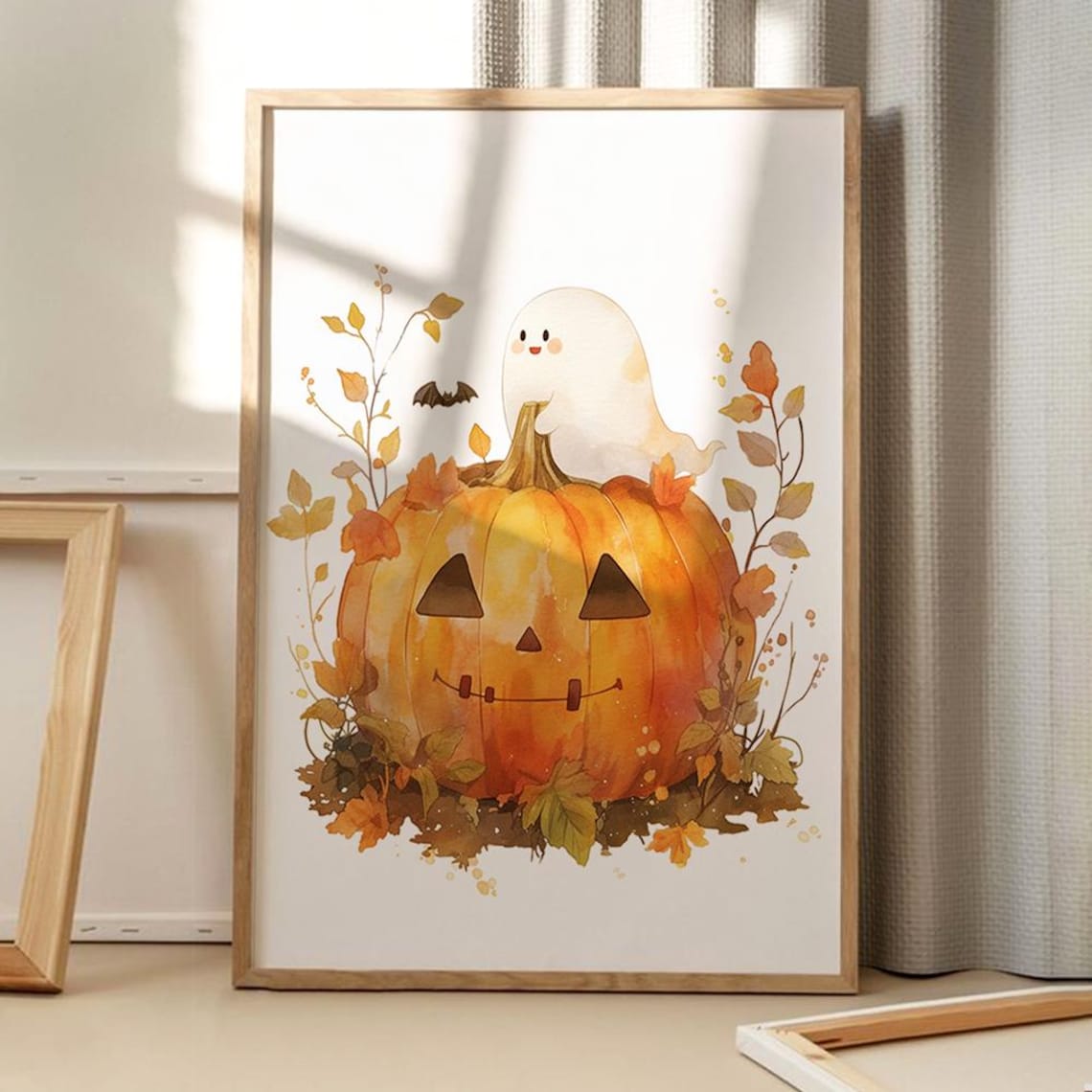 Cute Ghost Pumpkin Halloween Watercolor Fall Nursery Wall Poster