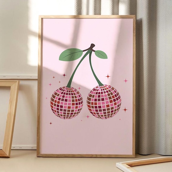Pink Disco Ball Cherries Retro Party Trendy Decorative Poster