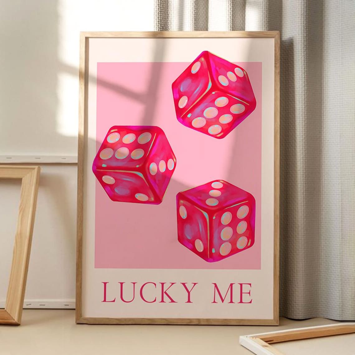 Lucky Me Three Pink Dice Retro Casino Trendy Pink Decor Poster