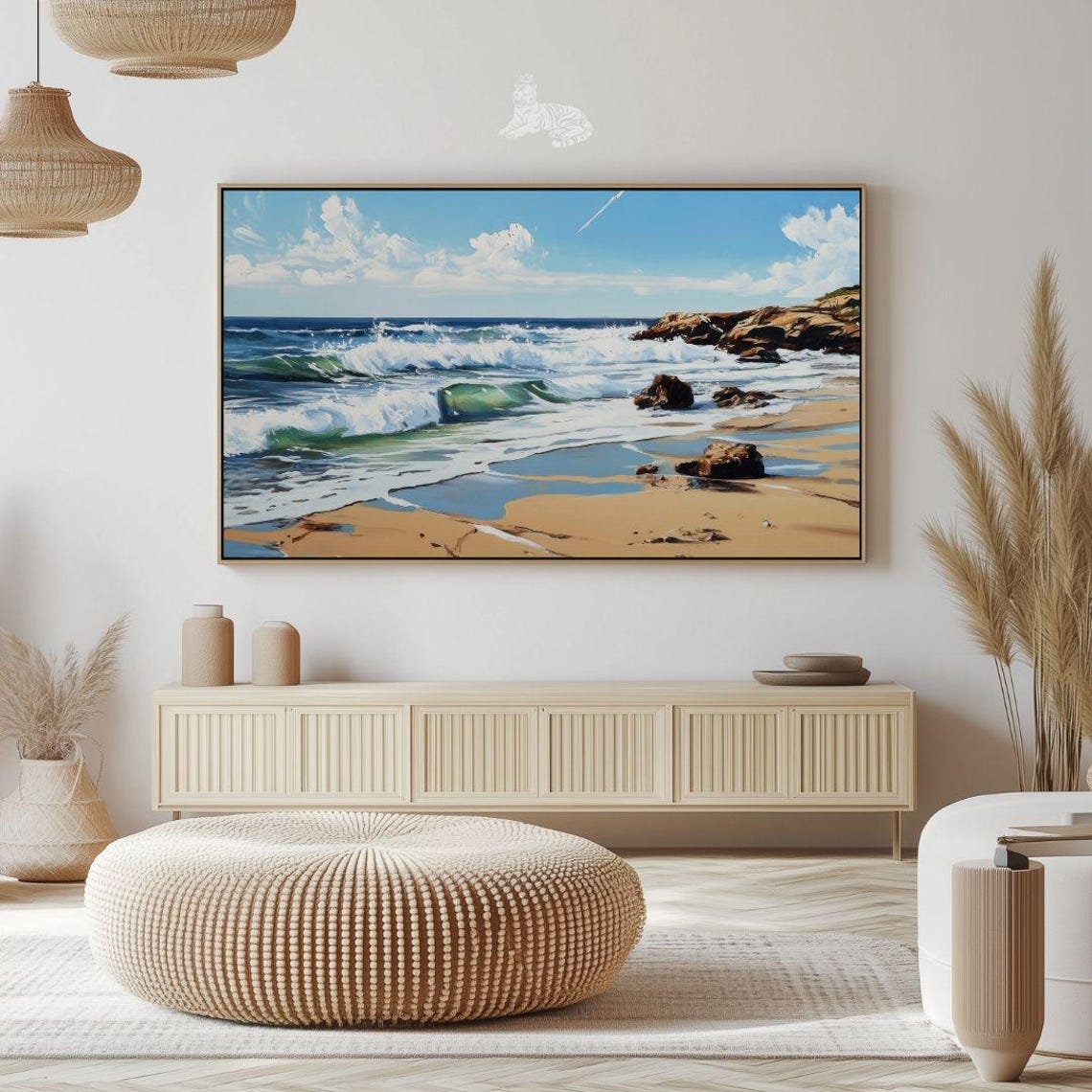 Rocky Shoreline Crashing Waves Sandy Beach Ocean View Seascape Print - Image 2