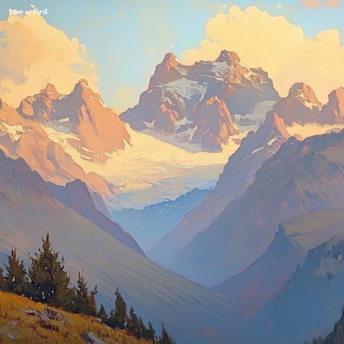 Sunset Alpine Peaks Glacier Valley Oil Painting Warm Mountain Wall Art - Image 3