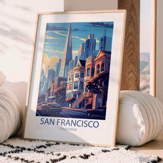 San Francisco Travel Poster Print Painted Ladies Skyline Wall Art Vintage Decor Multiple Sizes Available
