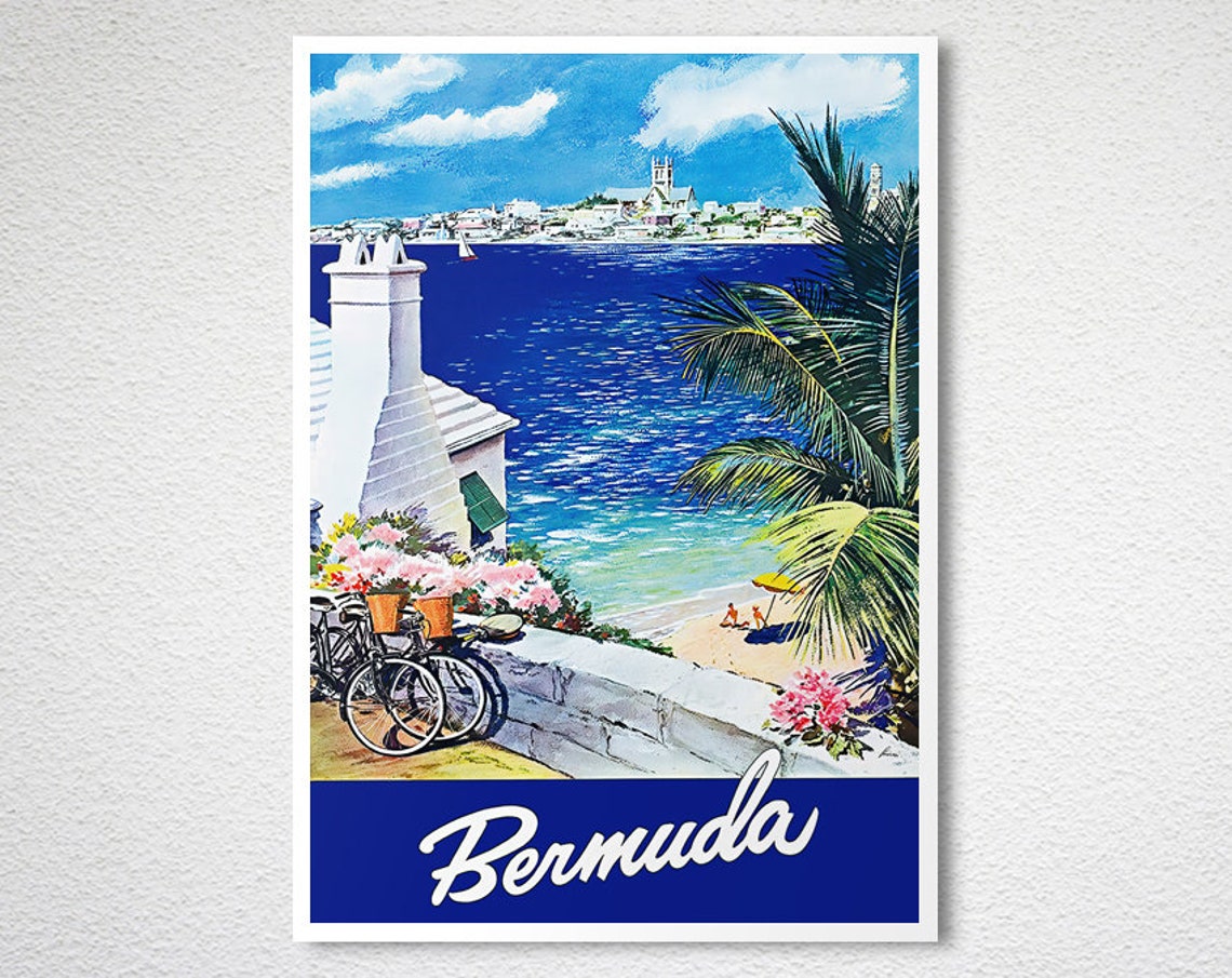 Bermuda Tropical Beach Bicycles Flowers Vintage Travel Poster - Image 2