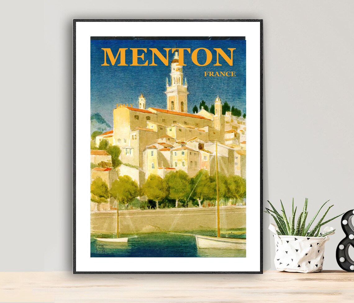 Menton France Old Town Bell Tower Harbor Boats Vintage Travel Poster