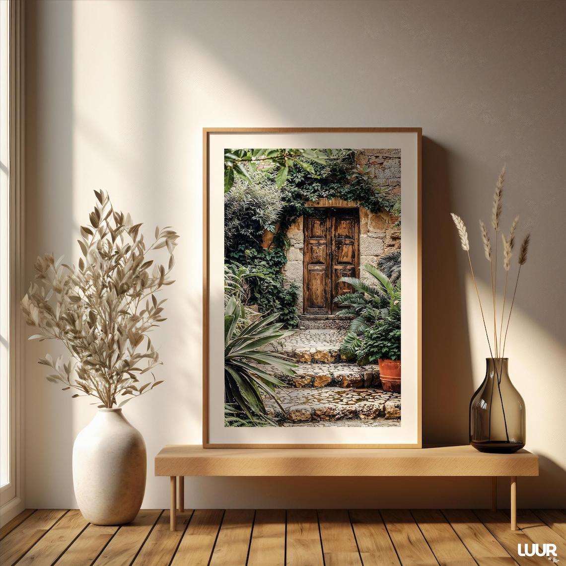 Rustic Wooden Door Stone Garden Entrance Mediterranean Photo Poster