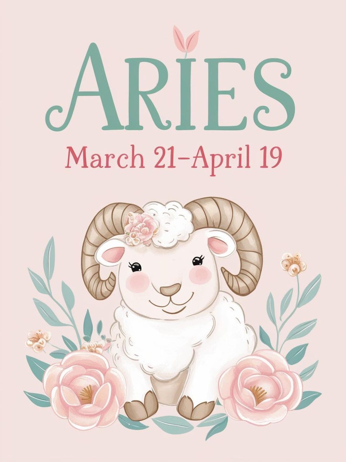 Aries Zodiac Nursery Print Cute Floral Ram Blush Baby Room Decor - Image 3