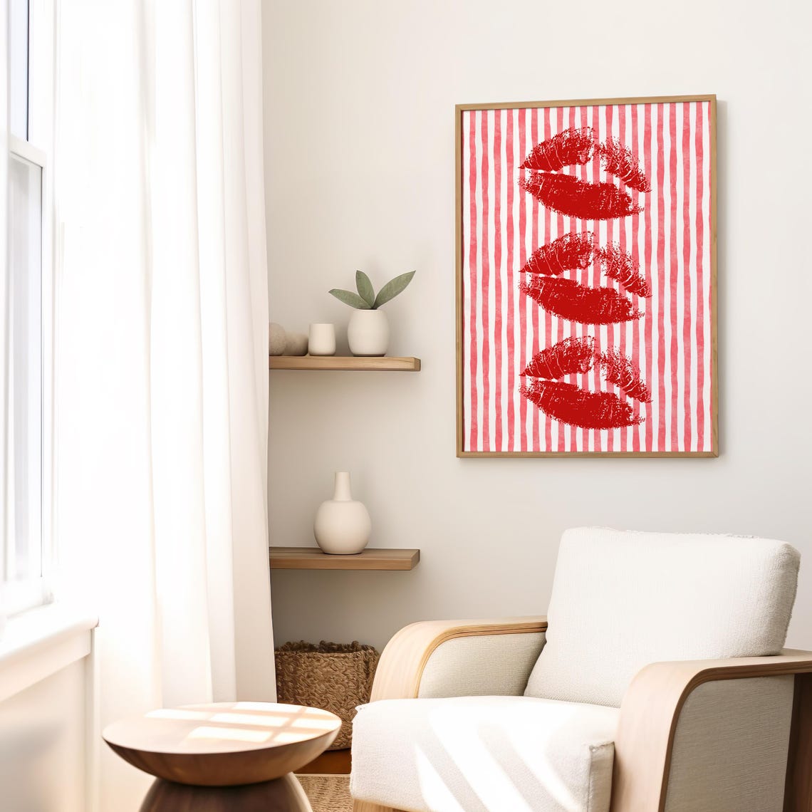 Red Lipstick Kiss Prints On Striped Background Retro Wall Art